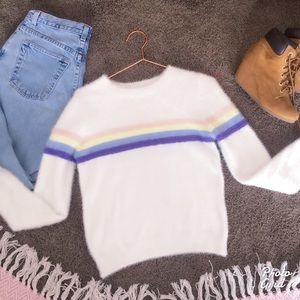 White Fuzzy Rainbow Stripe Sweater